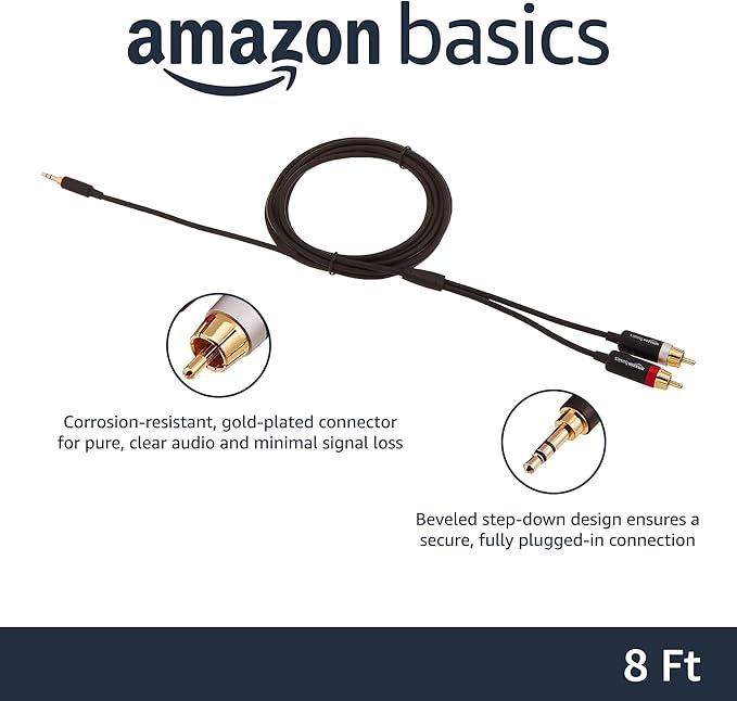 Amazon Basics 3.5mm Aux to 2 RCA Audio Cable Adapter for Amplifiers, Active Speakers, Gold-Plated Connectors, Clear Sound Quality, Shielded Construction, 8 Feet/2.4 m, Black