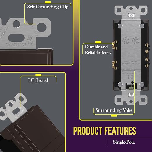 ENERLITES Brown Double Paddle Decorator Single Pole Switch, 15A, 1 Pack