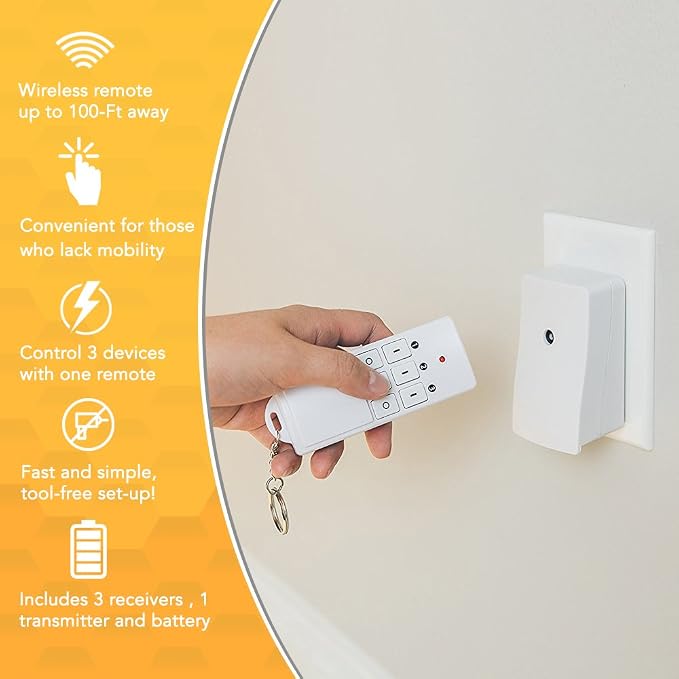 Southwire Woods Indoor Wireless Remote Kit - Controls Up to 3 Devices - Long-Range Remote Switch - Convenient One-Touch Controller - Energy-Saving Outlets - White/Orange