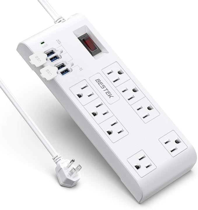 Quick Charge 3.0 Power Strip Surge Protector USB, BESTEK Multi Outlets Plug 8-Outlet 4 USB Charging Ports, 6-Foot Long Flat Angle Plug Heavy Duty Extension Cords, 900 Joule, FCC ETL Listed