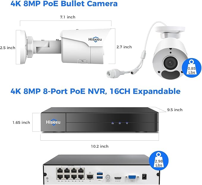 [4K HD+ 121° Wide View] Hiseeu 4K Security Camera System, PoE Camera System w/4pcs 8MP IP PoE Cameras, 16 Channel NVR,3TB HDD, Free Remote Access, WDR, Motion Detect, 100ft Night Vision,7/24 Record