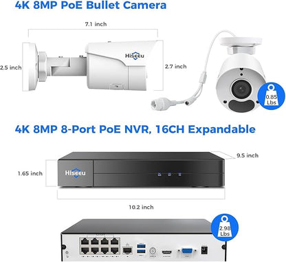 [4K HD+ 121° Wide View] Hiseeu 4K Security Camera System, PoE Camera System w/4pcs 8MP IP PoE Cameras, 16 Channel NVR,3TB HDD, Free Remote Access, WDR, Motion Detect, 100ft Night Vision,7/24 Record