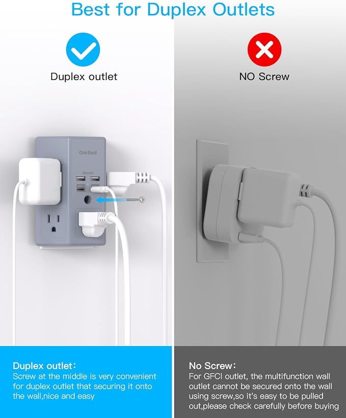 One Beat Surge Protector Wall Outlet Extender, 5 Outlets & 4 USB Ports (2 USB-C), 1680J, 3-Sided Multi Plug Outlet Adapter, Outlet Splitter, Wall Mount, ETL Listed for Home Office Travel-Grey