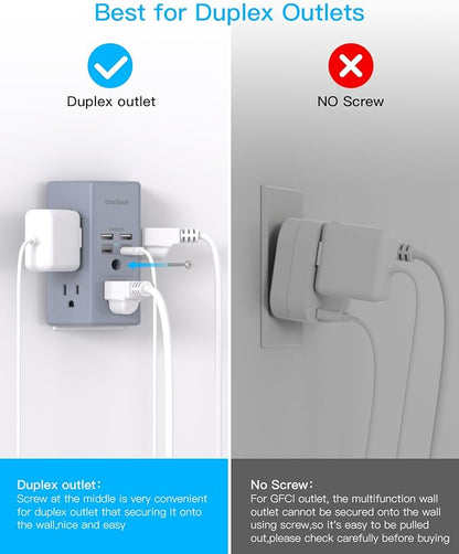 One Beat Surge Protector Wall Outlet Extender, 5 Outlets & 4 USB Ports (2 USB-C), 1680J, 3-Sided Multi Plug Outlet Adapter, Outlet Splitter, Wall Mount, ETL Listed for Home Office Travel-Grey
