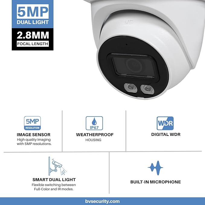R-Tech 5MP Smart Dual Light HDCVI Fixed-Focal Eyeball Camera, Full-Color Night Vision, 3D NR, Built-in Mic, 40m IR Distance, IP67 Weatherproof, 3.6mm Lens