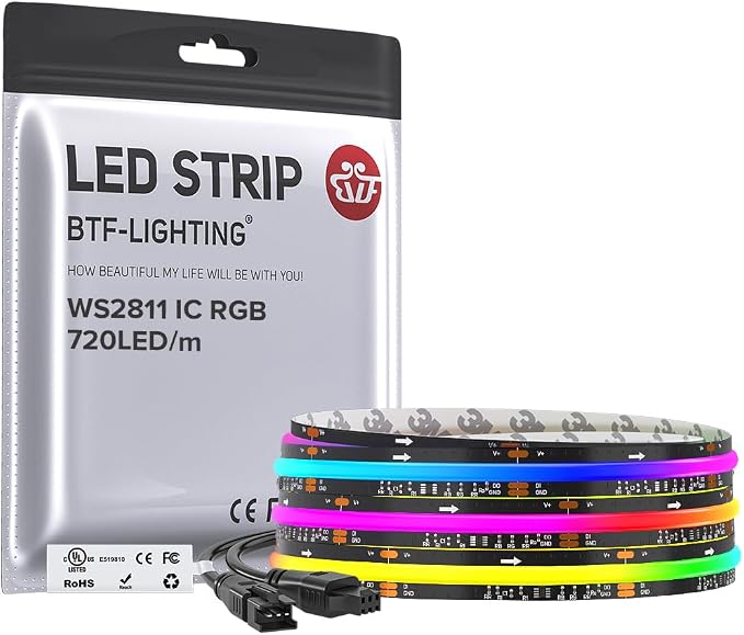 BTF-LIGHTING 9.8FT WS2811 Smart IC RGB DC24V FCOB COB LED Strip Light | UL Listed 720LEDs/m High Density Color Chasing Light 12mm Width Black PCB for Home DIY Lighting(No Adapter or Controller)