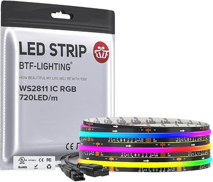 BTF-LIGHTING 9.8FT WS2811 Smart IC RGB DC24V FCOB COB LED Strip Light | UL Listed 720LEDs/m High Density Color Chasing Light 12mm Width Black PCB for Home DIY Lighting(No Adapter or Controller)