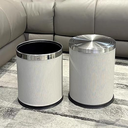 4 Gallon Bathroom Trash Can with Swing Lid, White Silver Leather Garbage Can, Modern, Large, Big Waste Basket, for Bedroom Kitchen Powder Room Toilet (15L Elegant White)