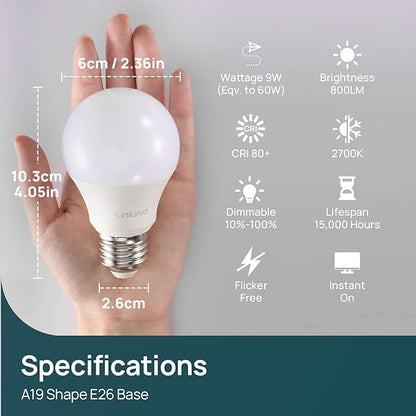 Linkind A19 LED Light Bulbs Dimmable, 60W Equivalent, 2700K Soft White, 9W 800 Lumens, E26 Standard Base, Lighting for Bedroom Living Room Home Office, 12 Packs