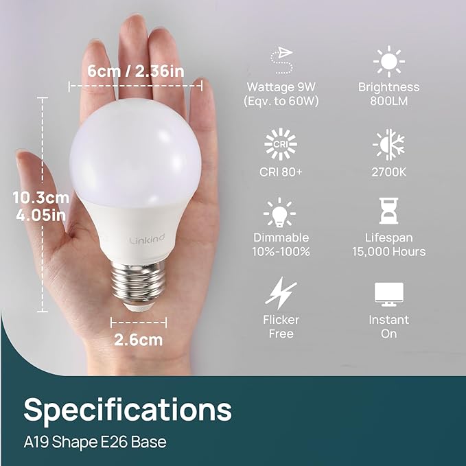 Linkind A19 LED Light Bulbs Dimmable, 60W Equivalent, Energy Efficient 9W, 2700K, 800 Lumens, E26 Standard Base, Lighting for Bedroom Living Room Home Office, 24 Packs