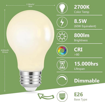 Sigalux A19 LED Filament Light Bulbs, Milky Finish, 8.5W (60W Replacement), 800LM, 2700K Soft White, Dimmable, E26 Medium Base, Pack of 12 for Home and Office