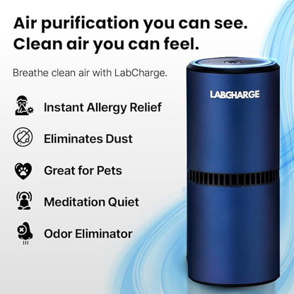 Lab Charge Small Ionic Air Purifier for Home & Bedroom – Silent HEPA Filter – Covers 250 Sq Ft - Free Cleaner for Pets, Hair, Smoke, Dust, Odors & Dander – Compact & Blue Design - Pack of 3