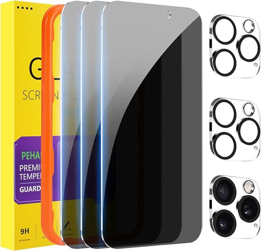 PEHAEL 3+3 Pack for iPhone 16 Pro Privacy Screen Protector with Camera Lens Protector Full Coverage Anti-Spy Tempered Glass Film 9H Hardness Easy Installation Bubble Free [6.3 inch]