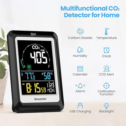 Newentor CO2 Monitor, Indoor Air Quality Meters, Carbon Dioxide Detector with Voice, Large Display CO2 Tester, Temperature Humidity Sensor, Alarm Clock for Home, RV, Grow Tents, Black