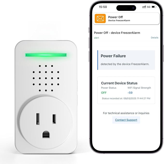 WiFi Power Failure Alarm - Multi-User Email Alert (Up to 4 Addresses), 120dB Loud Siren with 6 Tones, Free Real-Time Notifications for Freezer/Sump Pump/GFCI Monitor - No App, No Subscription Required