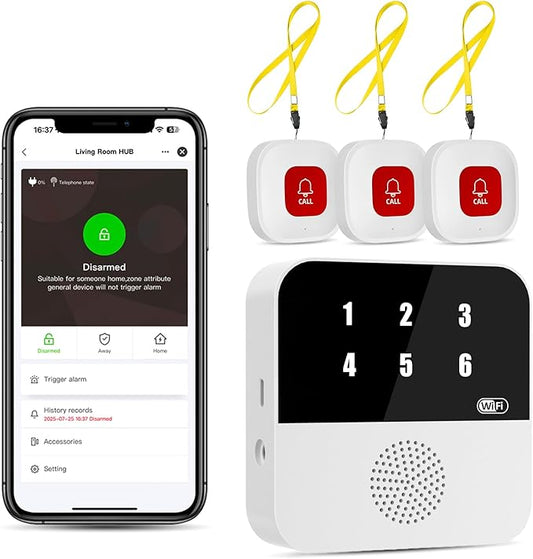PILSAMSA WiFi Caregiver Pager Wireless Call Button with Flashing Caller ID & App Alerts, 3 Waterproof Panic Button, Medical Alert Systems for Seniors No Monthly Fee, Alert Button for Seniors at Home