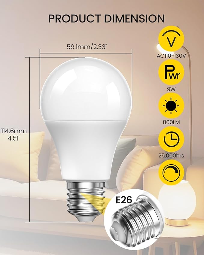 A19 LED Light Bulbs with Remote Control, 9W LED Bulbs 60W Equivalent, 3000K-6000K Stepless Dimmable, E26 Base, Remote Control Light Bulbs with Timing, Memory Function, for Home Decor, 1Bulb & 1Remote