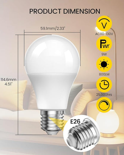 A19 LED Light Bulbs with Remote Control, 9W LED Bulbs 60W Equivalent, 3000K-6000K Stepless Dimmable, E26 Base, Remote Control Light Bulbs with Timing, Memory Function, for Home Decor, 1Bulb & 1Remote