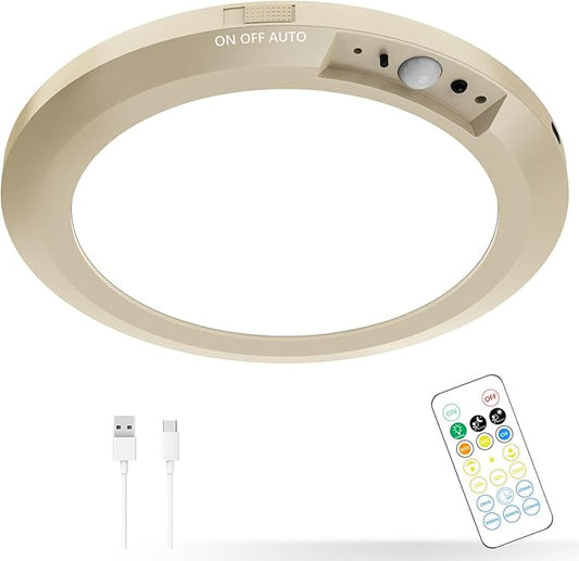 Battery Operated LED Celling Lights Fixture with Auto Motion Sensor, Smart Body Sensor Ceiling-mounted Lamps with 3 Colors/Brightness, Motion Detection Magnetic Celling Lights for Closet Shower-Gold