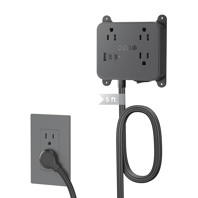 TROND Ultra Thin Flat Extension Cord, Flat Plug Power Strip with 3 USB Charger, 3 AC Outlets Desktop Charging Station, Wall Mount Low Profile Power Strip for Home, Bedroom, Dorm Room Essentials Black