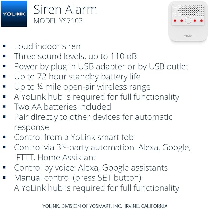 Smart Siren Alarm, Wireless Home Security Alarm with 110 dB Loud Audible Alerts, Remote Control, Compatible with Alexa, Google, Home Assistant, IFTTT - Hub Included
