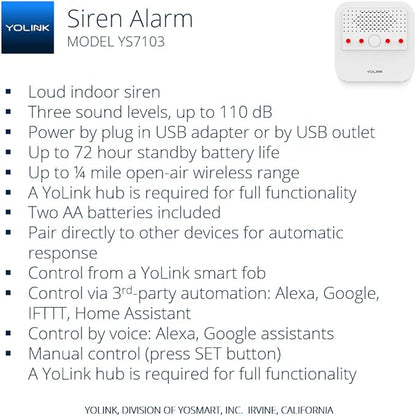Smart Siren Alarm, Wireless Home Security Alarm with 110 dB Loud Audible Alerts, Remote Control, Compatible with Alexa, Google, Home Assistant, IFTTT - Hub Included