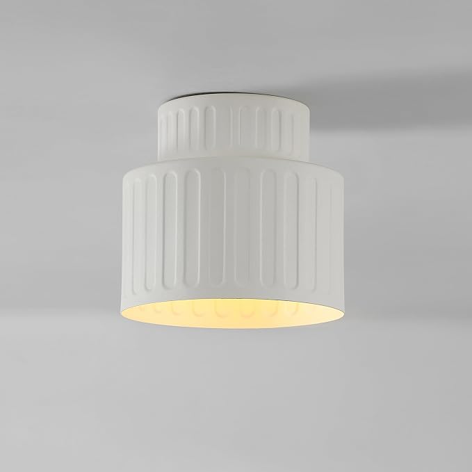 1-Light Ceramic Effect Flush Mount Ceiling Light with Ribbed Details | Ceramic Effect Ribbed Shade, Hallway, Bedroom, Kitchen, Dining Room, Model 66000135