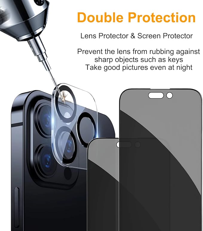 PEHAEL 2+2 Pack for iPhone 14 Pro Max Privacy Screen Protector with Camera Lens Protector Full Coverage Anti-Spy Tempered Glass Film 9H Hardness Easy Installation Bubble Free [6.7 inch]