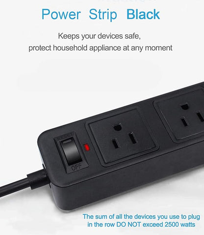 10FT 2 Prong Power Strip, USB Power Strip with 10ft Extension Long Cord, 3-Outlet Surge Protector with 4 USB Charging Ports for Smartphone, Black, 2 Pronged