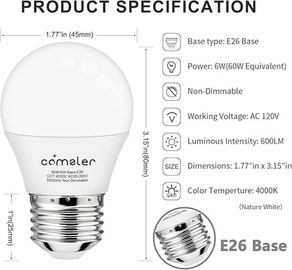 comzler LED Refrigerator Light Bulb, E26 LED Bulbs 60 Watt Equivalent, A15 Appliance Small Bulbs E26 Base with 4000K Natural White, Ceiling Fan Bulb, 600LM Indoor Outdoor Light, Non-Dimmable, 6 Pack
