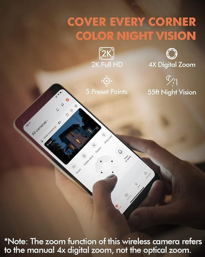 Dzees Solar Security Cameras Wireless Outdoor, 2K Battery Powered Security Camera, 360° PTZ Camera with Spotlight, Siren, Color Night Vision, AI Dectection, IP66 for Home Security, 2.4GHz 4-Pack