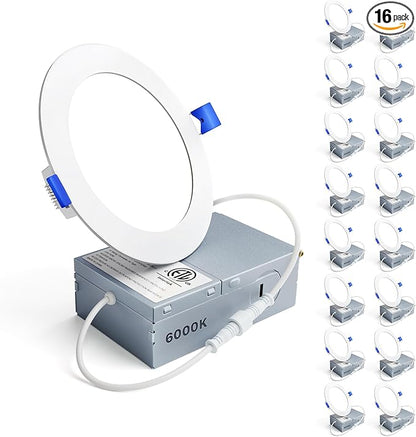 Ensenior 16 Pack 4 Inch LED Recessed Ceiling Light, Dimmable, 6000K Clear White, 750LM 9W 120V, High Brightness Canless Wafer Downlight - ETL&FCC&IC