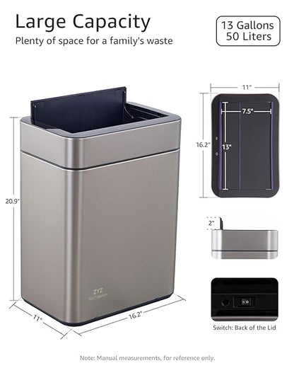 Kitchen Trash Can 13 Gallon / 50L, Automatic Touchless Sensor Garbage Can with Butterfly Lid, USB Rechargeable 2400mAh Battery, Stainless Steel Soft-Close Trash Bin for Home (120 Count Trash Bags)