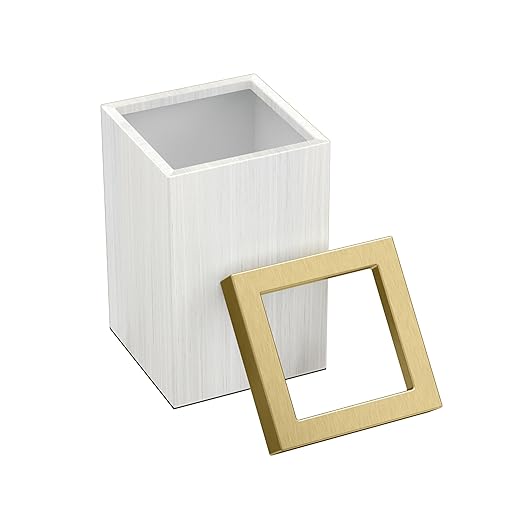 Gatco Small Bathroom Trash Can with Lid, Square 3 Gallon Wastebasket, Under Sink, White Oak with Brushed Brass, for Bathroom, Bedroom, Office (1936B)