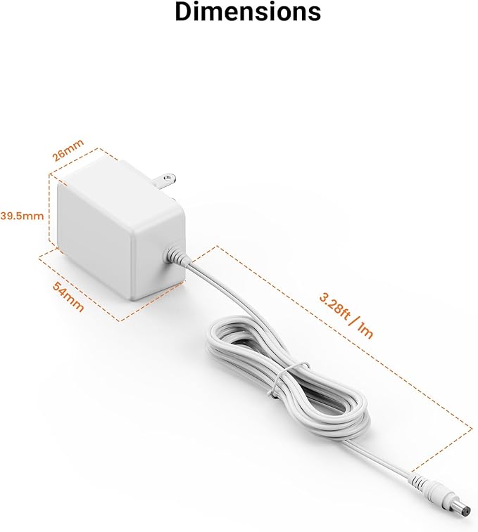 Anlapus DC 12V 2A US Power Adapter for CCTV Security Camera, 5.5mm x 2.1mm Plug, 3.28ft Long Cords, 100V-240V, 12 Volt 2 Amp Power Supply for DVR NVR Home Surveillance Systems - White