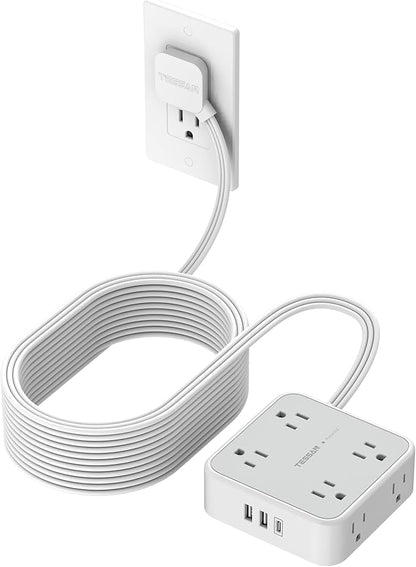 TESSAN Surge Protector Power Strip, 25 Ft Flat Plug Extension Cord with 3 USB (1 USB C) 8 Outlets, 1250W, 900J Protection, 3 Sided Outlet Extender with Power Switch for Office, Dorm Room, Grey