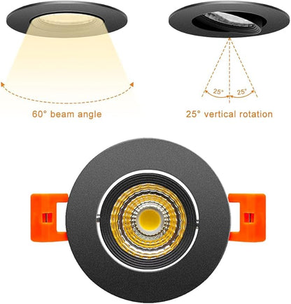 2Inch LED Recessed Ceiling Light, 3W Dimmable LED Downlight, Warm White 3000K, 60 Beam Angle Directional COB Recessed Lights with Driver, 25W Halogen Bulbs Equivalent for Ceiling Lighting, 6Pack
