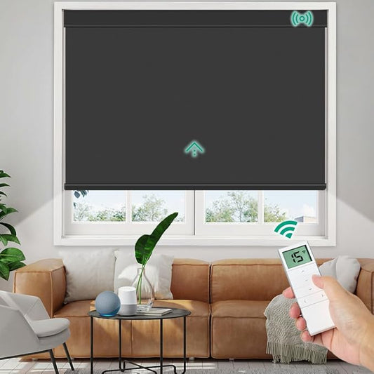 Motorized Roller Shades, 10O% Blackout Waterproof Remote Control Custom Window Shades Work with Alexa Google Assistant via RF Hub, Rechargeable Electric Blinds for Windows (Vinyl Black)