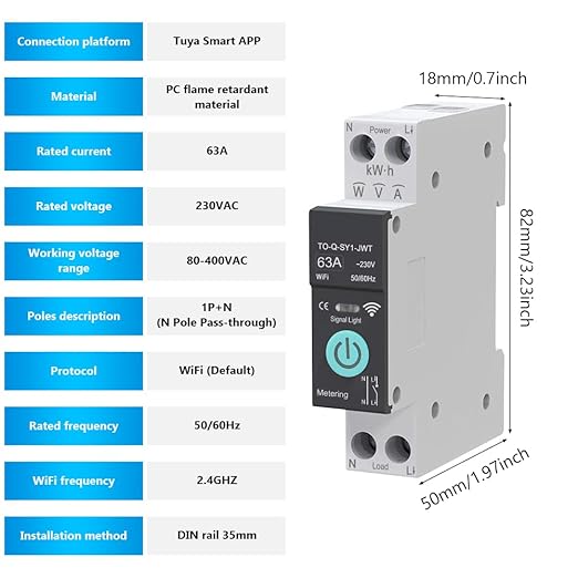 WiFi Circuit Breaker, 1P+N 63A 230V Smart Home Wireless Remote Control Switch Timer Voice Control Energy Monitor Compatible with Smart Life TUYA APP DIN Rail Mounted