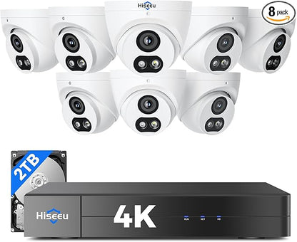 【121°Wide View+4K HD】 Hiseeu 4K Security Camera System, 8 Pcs 8MP PoE Security Camera Outdoor&Indoor, No Monthly Fee, Human Vehicle Detect, Smart Playback, 2TB Hard Drive for Surveillance 7/24 Record
