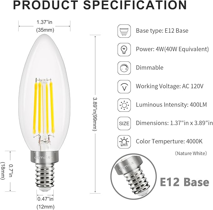 comzler E12 LED Candelabra Bulb Dimmable, 4000K Natural White, 4Watt 40W Equivalent, Type B Chandelier Light Bulb, B11 Edison Filament for Ceiling Fan, 400LM, Pack of 12