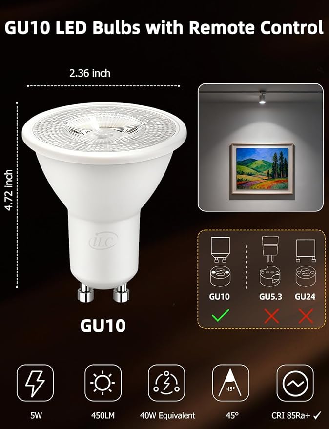ILC GU10 LED Light Bulb, 40 Watt Equivalent Color Changing 12 Colors 5W Dimmable Daylight White 5000K RGB LED Light Bulbs with Remote Control (Pack of 4)