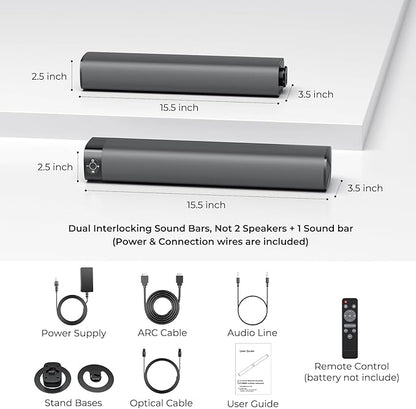 Sound Bar for Smart TV, 80W Soundbar with Bluetooth/ARC/Opt/AUX Connect, Dynamic Volume Boost, 3 Equalizer Modes, 2 in 1 Detachable Soundbar for TV/PC/Gaming/Projectors