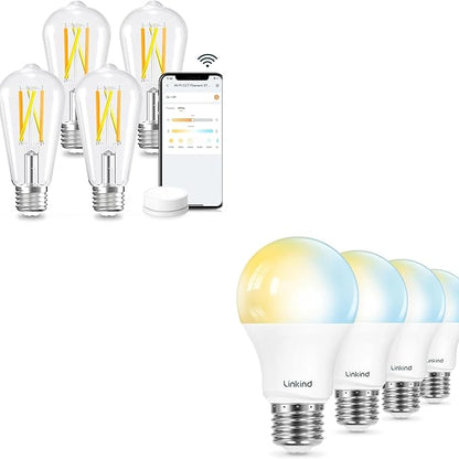 Linkind ST58 Smart Edison Bulbs 4 Pack Bundle with A19 Tunable White (2700K-6500K) Smart Light Bulbs 4 Pack, Compatible with Alexa & Google Home