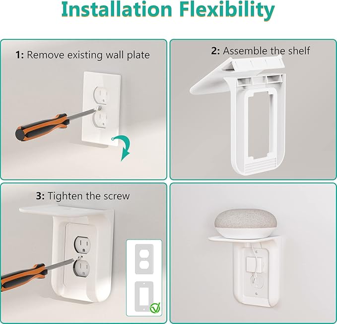 WALI Outlet Shelf Wall Holder,Bathroom Walls Shelves up to 10lbs Standard Vertical Duplex Wall Shelf Organizer for Smart Home Decor Space Saving Power Tools, Toothbrush (OLS002-W), 2 Pack, White