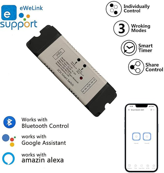 2 Channel EWelink Wireless Switch with Enclosure WiFi Switch Module Remote Control DIY Smart Home Bluetooth Relay 7-32V Power Input Compatible with Alexa Google Home