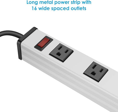 JUNNUJ Long Metal 16 Outlet Power Strip, Wide Spaced Garage Industrial Heavy Duty Power Strip with 25 FT Cord 15A, 125V, 1875W-Silver