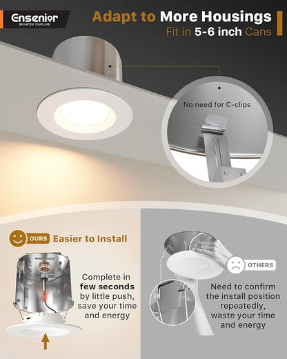 Ensenior 5/6 Inch 5CCT LED Can Lights 4 Pack, Retrofit Led Recessed Lighting, Baffle Trim, Dimmable, 9W=110W, 1000LM, 2700K/3000K/3500K/4000K/5000K Selectable, IC Rated - ETL & FCC