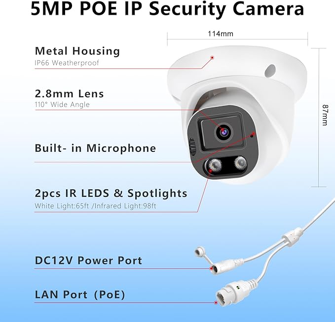 5MP PoE IP Color Night Vision Camera, Smart Dual Light Dome Security IP Camera, Built-in Mic, 98ft Night Vision, 110°Wide Angle, Human Vehicle Detection