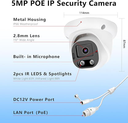 5MP PoE IP Color Night Vision Camera, Smart Dual Light Dome Security IP Camera, Built-in Mic, 98ft Night Vision, 110°Wide Angle, Human Vehicle Detection